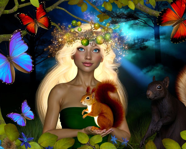 Mystical forest scene with a young woman and squirrels