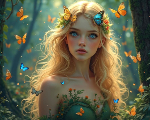 Young woman in a magical forest with butterflies