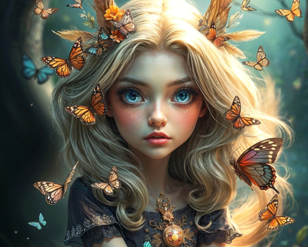 Young girl in mystical forest with butterflies and lace dress