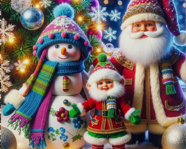 Festive Snowman and Holiday Family Scene with Ornaments