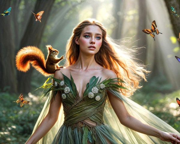 Young woman in leaf gown in a sunlit forest scene