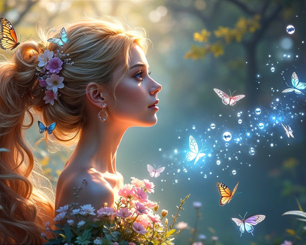 Serene young woman in a sunlit forest with butterflies