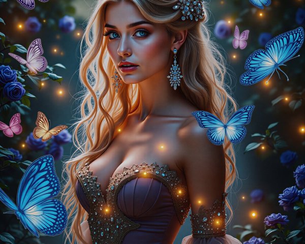 Young woman in jeweled gown surrounded by butterflies