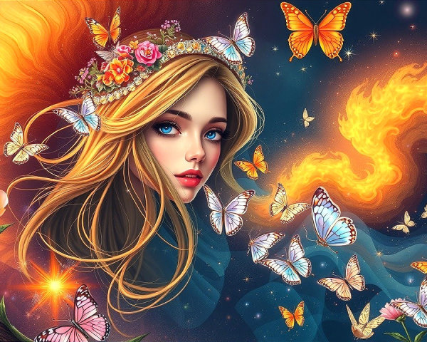 Serene Woman with Floral Crown and Butterflies