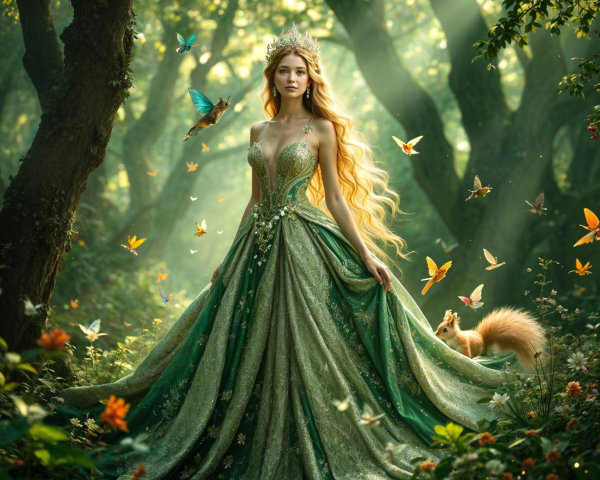 Princess in Green Gown Surrounded by Butterflies and Squirrel
