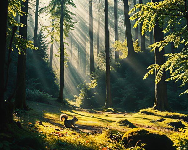 Serene forest scene with golden light and wildlife