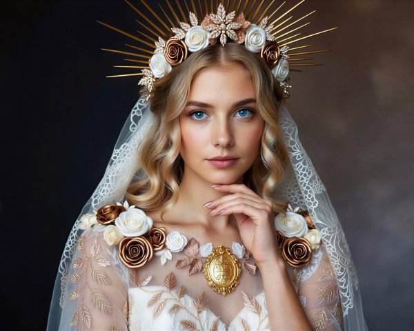 Young woman in elegant dress with golden crown and veil