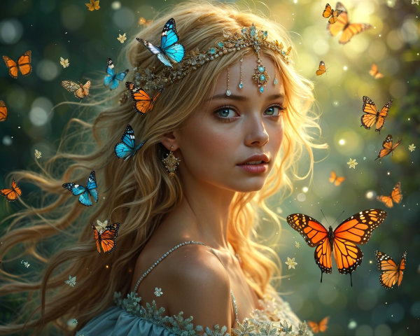 Young woman in blue gown with butterflies in lush setting