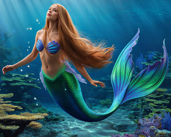 Underwater Scene with Mermaid and Coral Reef