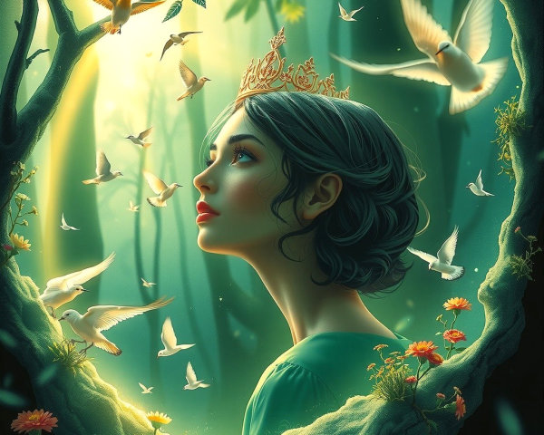 Young woman in a mystical forest with flowers and doves