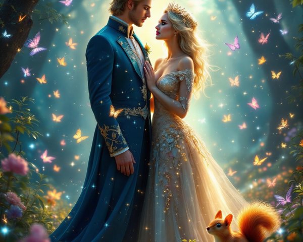 Magical Forest Scene with Prince, Princess, and Fox