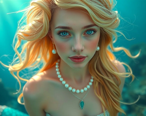 Young woman with blonde hair swimming underwater