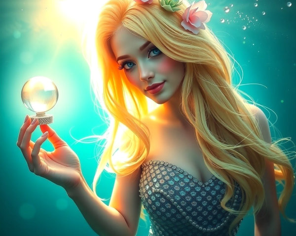 Underwater Scene with Radiant Woman and Crystal Orb