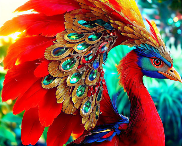 Colorful bird with red plumage and emerald feathers