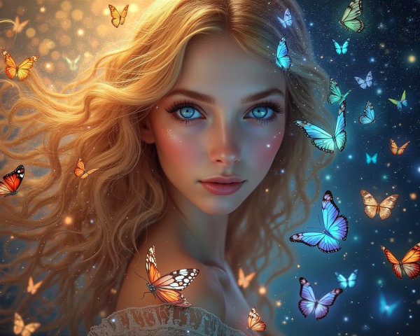 Portrait of a Young Woman with Butterflies and Lights