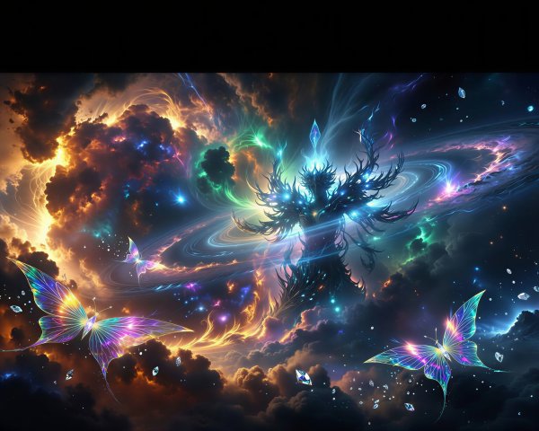 Vibrant Cosmic Landscape with Mystical Tree Entity