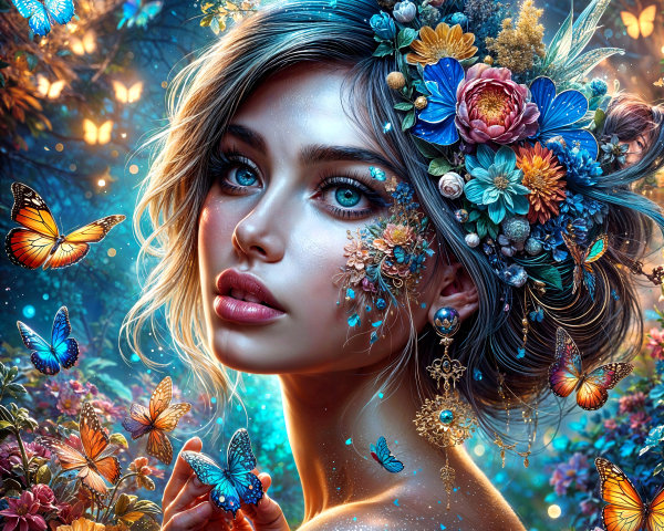 Dreamy Portrait of a Woman with Flowers and Butterflies