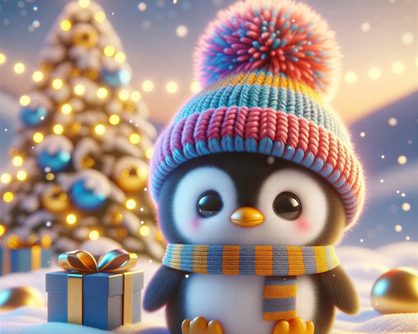 Cute Baby Penguin in Winter Scene with Gifts