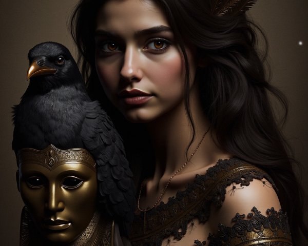 Regal figure in ornate dress with golden crown and mask