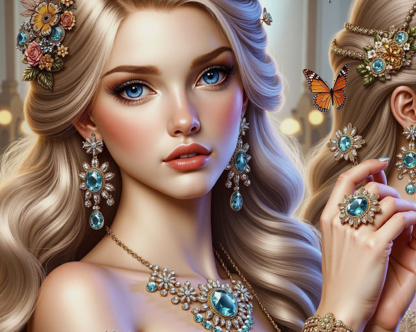 Young Woman with Blonde Hair and Floral Accessories