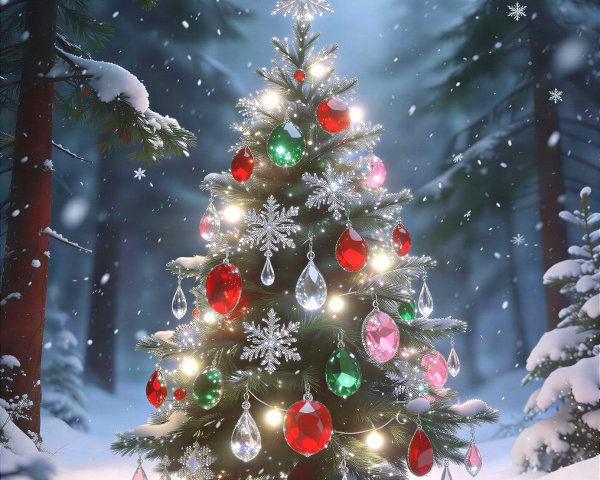 Decorative Outdoor Christmas Tree in Snowy Forest