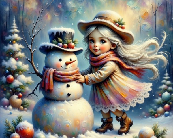 Whimsical Winter Scene with Girl and Cheerful Snowman