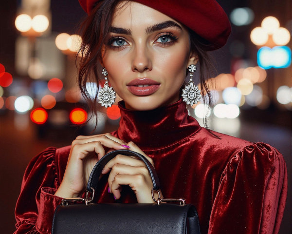 Glamorous Woman in Red Velvet Dress and Chic Accessories