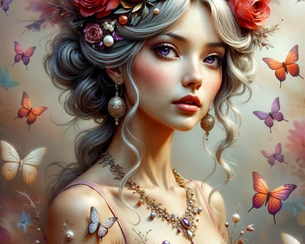 Ethereal Woman Surrounded by Floral Elements and Butterflies