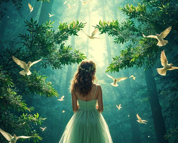 Woman in Green Gown Surrounded by Forest and Doves