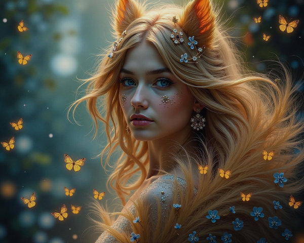 Mystical figure with floral accessories in a dreamy forest