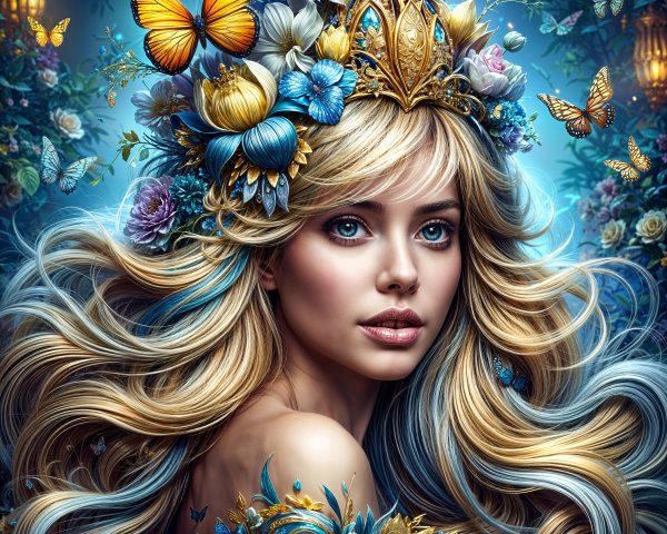 Young woman with blonde hair and floral crown in blue background