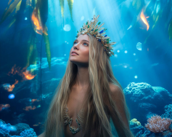 Underwater Scene with Woman and Seashell Crown