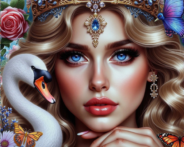 Elegant Portrait of a Woman with Blue Eyes and Crown
