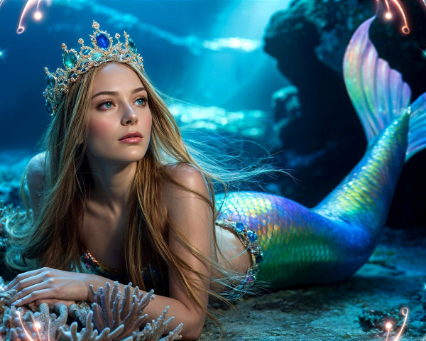 Underwater Scene with Mermaid and Coral Reef