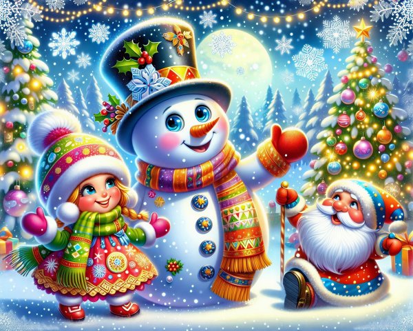 Cheerful winter scene with snowman and festive decor