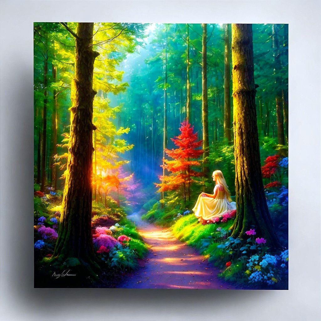 Vibrant Forest Scene with Young Woman and Flowers
