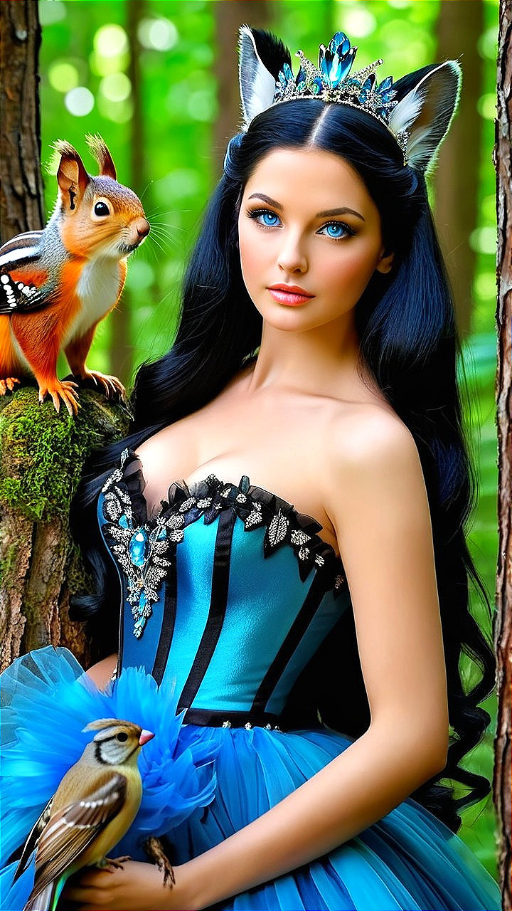 Young woman in blue gown in a lush forest setting