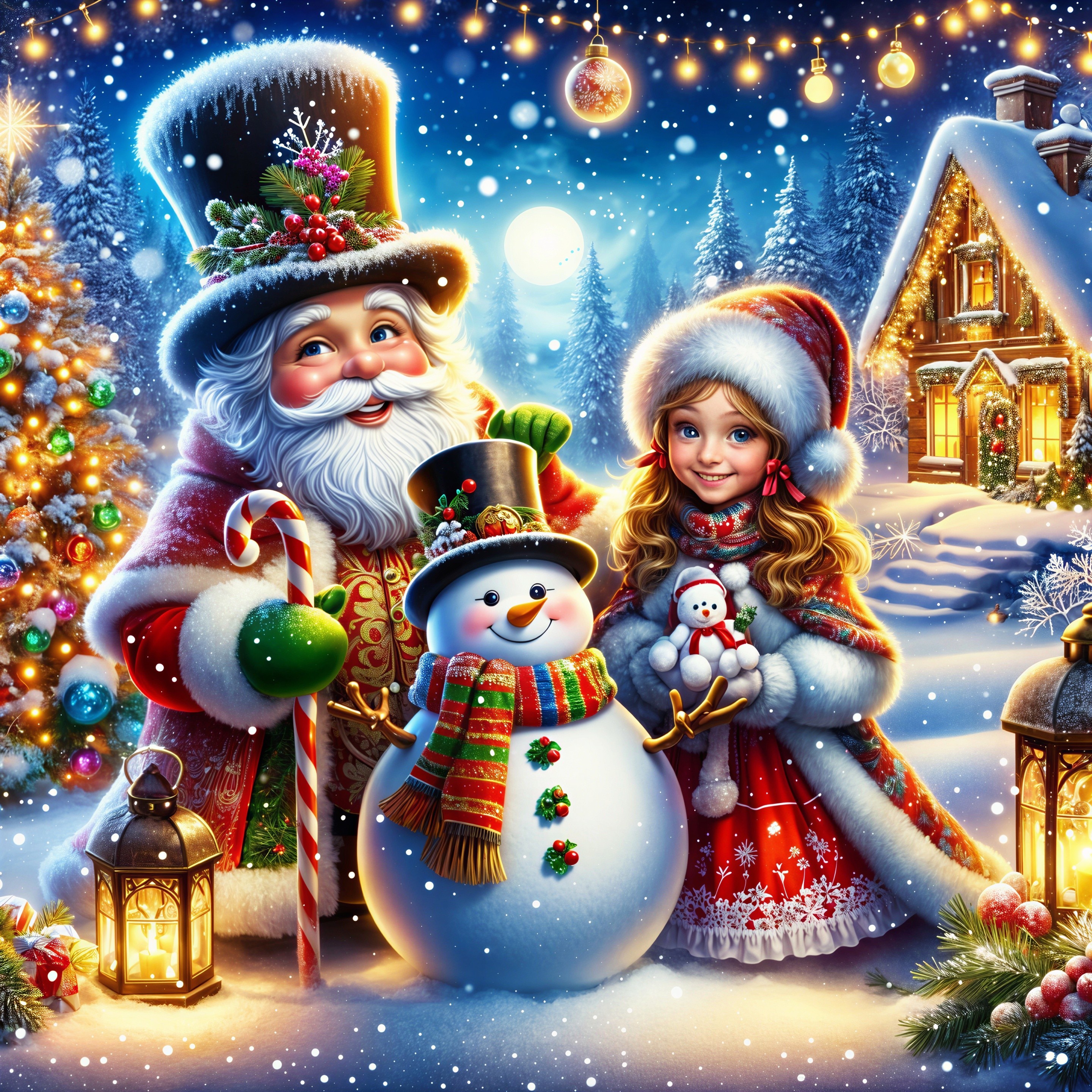Festive Winter Scene with Santa, Girl, and Snowman