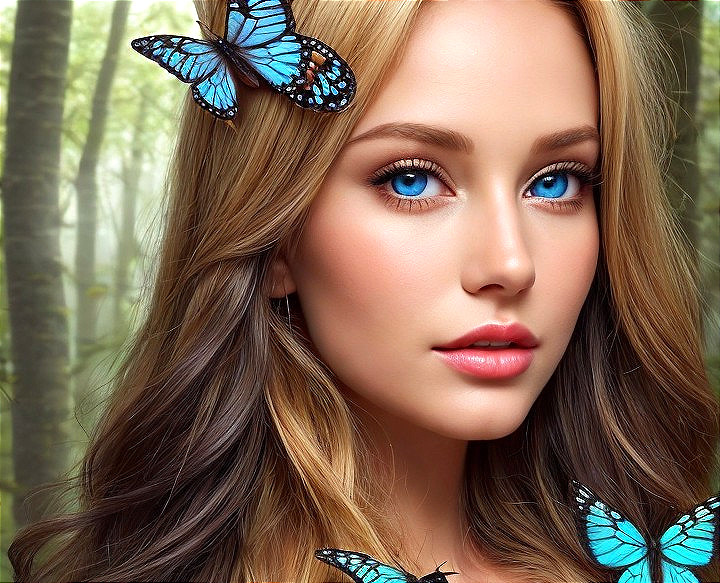 Portrait of a Young Woman with Butterflies and Forest Background