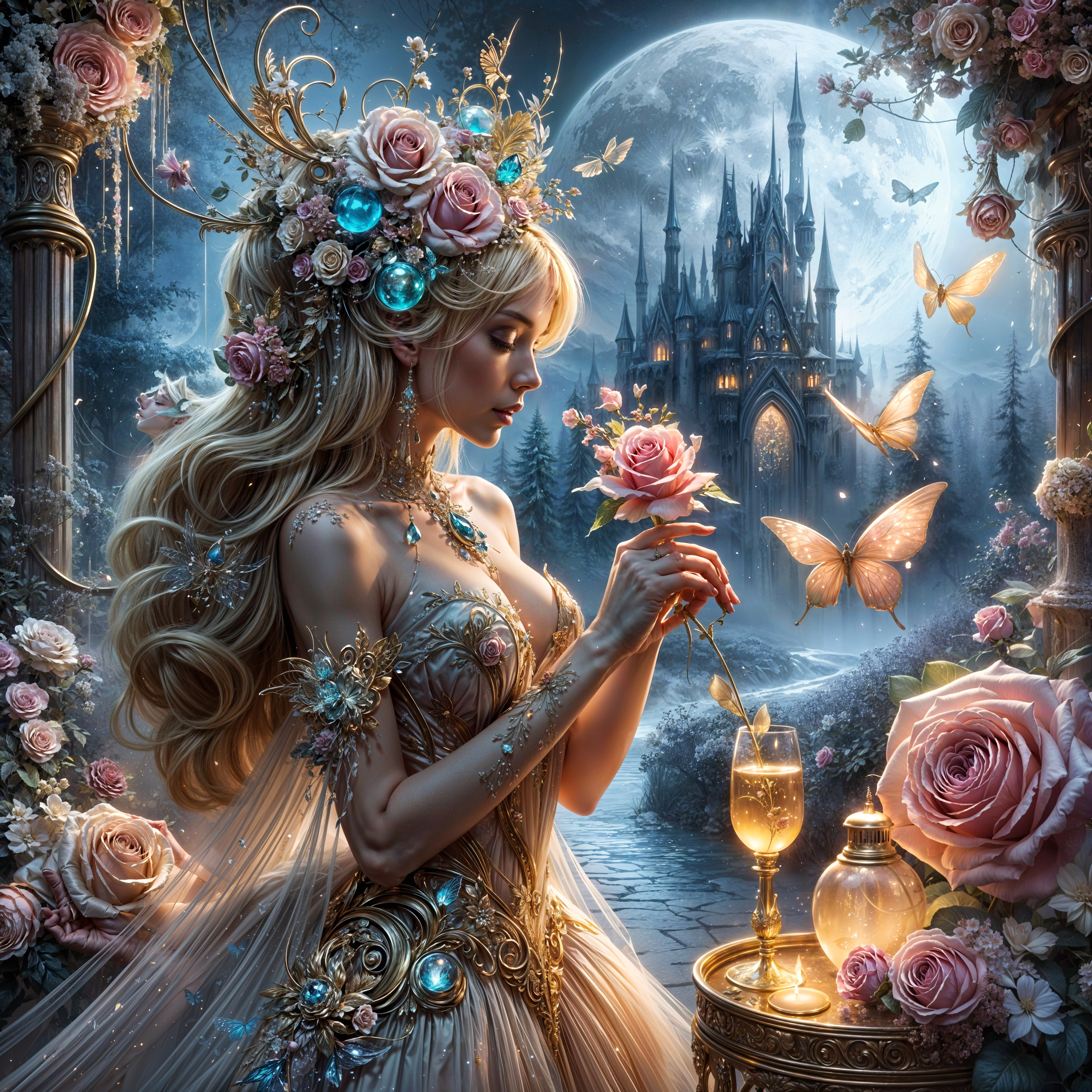 Mystical Woman with Floral Accents in Moonlit Garden