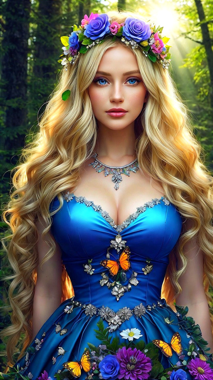 Young Woman in Blue Gown Surrounded by Forest Beauty