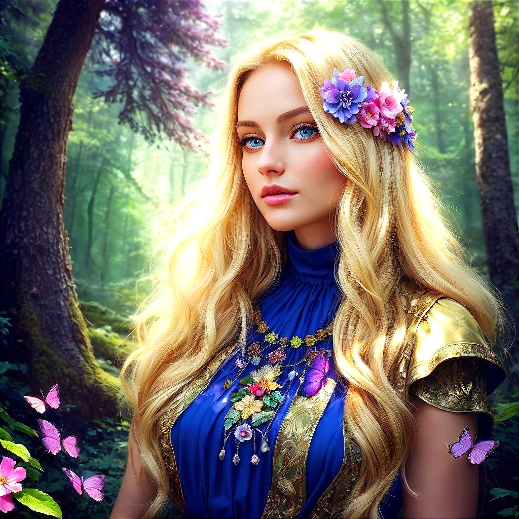 Serene Forest Scene with Woman in Floral Attire