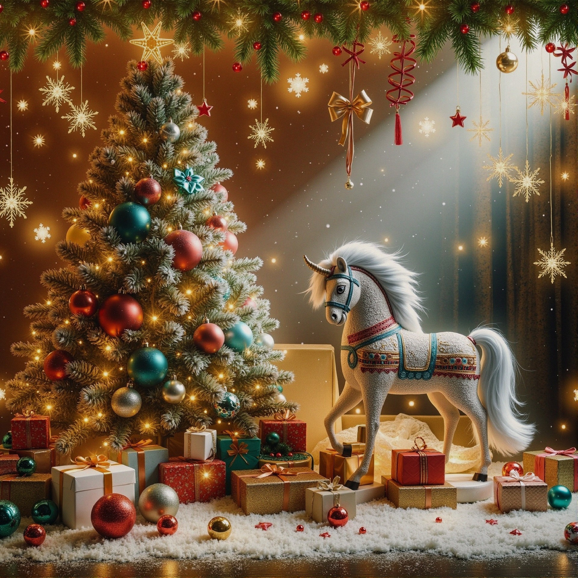 Decorated Christmas Scene with Tree and Gifts