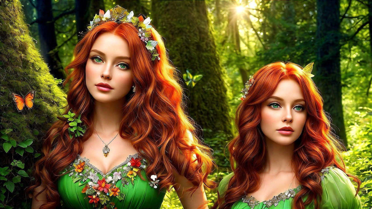 Enchanting Figures in a Vibrant Forest Setting
