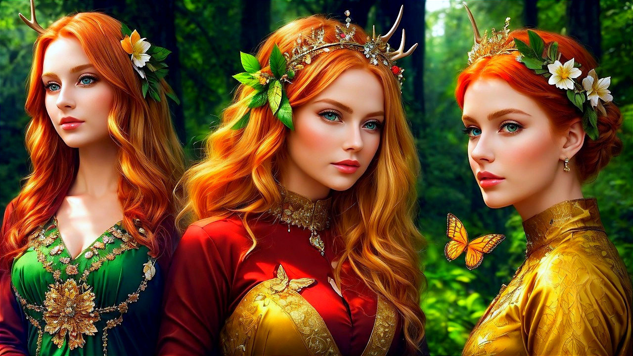 Three Women in Gowns Amidst a Lush Forest Setting