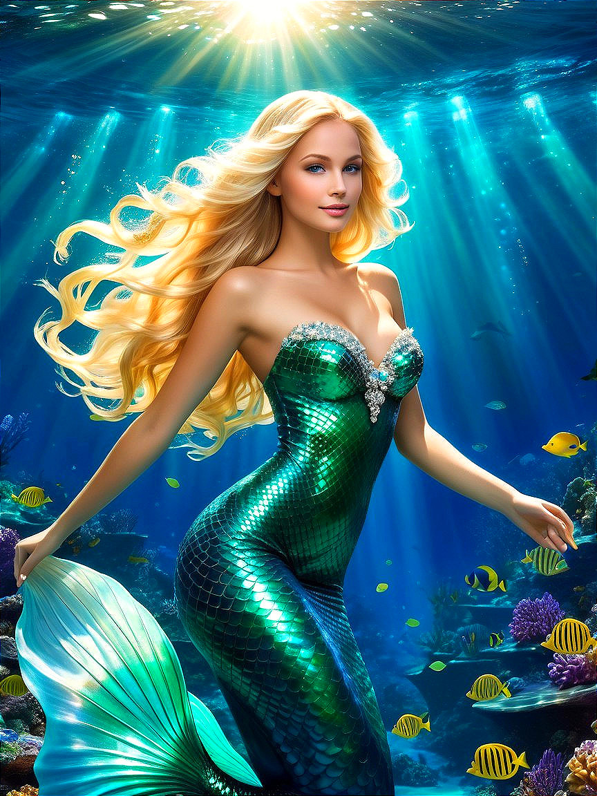 Mermaid in Vibrant Underwater Scene with Colorful Fish