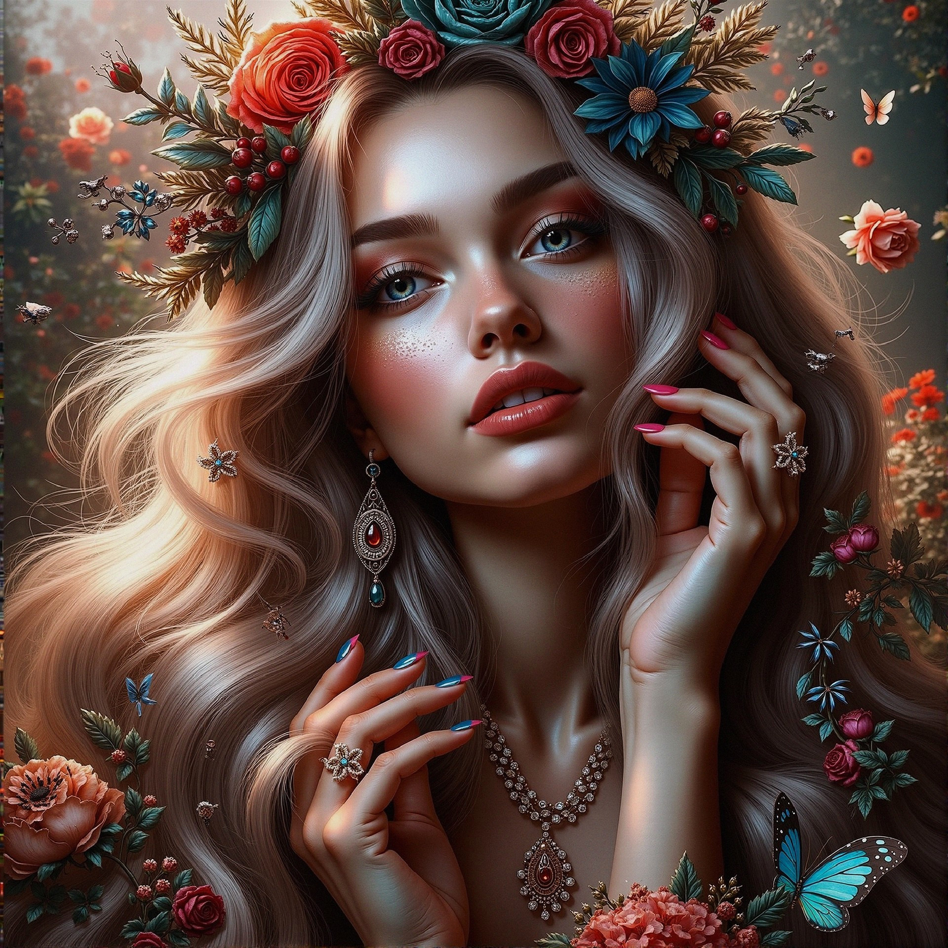 Portrait of a Young Woman with Floral Crown and Jewelry