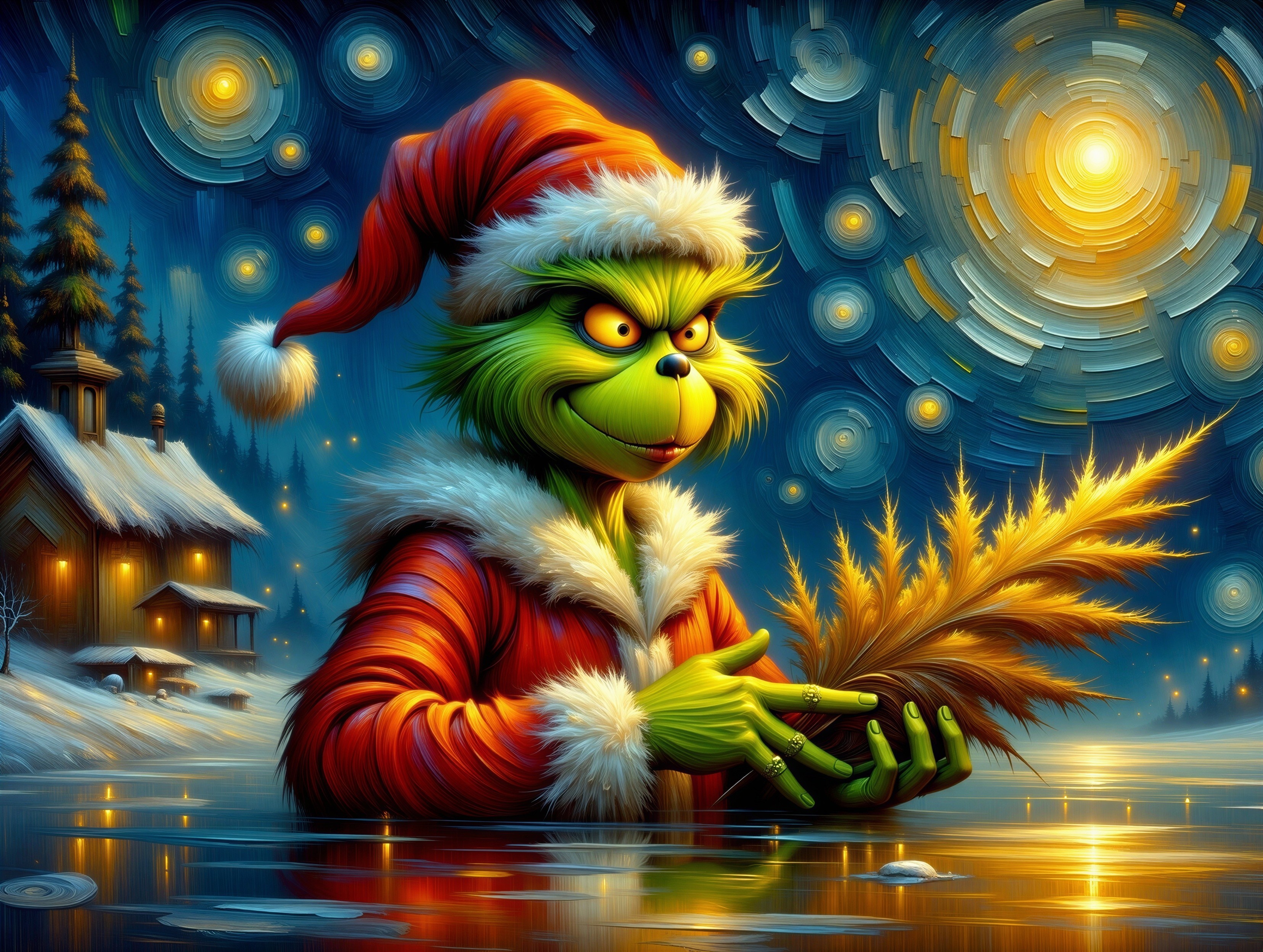 Grinch in festive attire in a Van Gogh-inspired scene