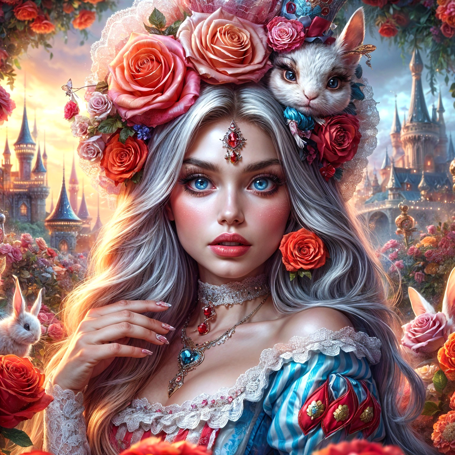 Young woman with rose crown and playful cat in fantasy setting