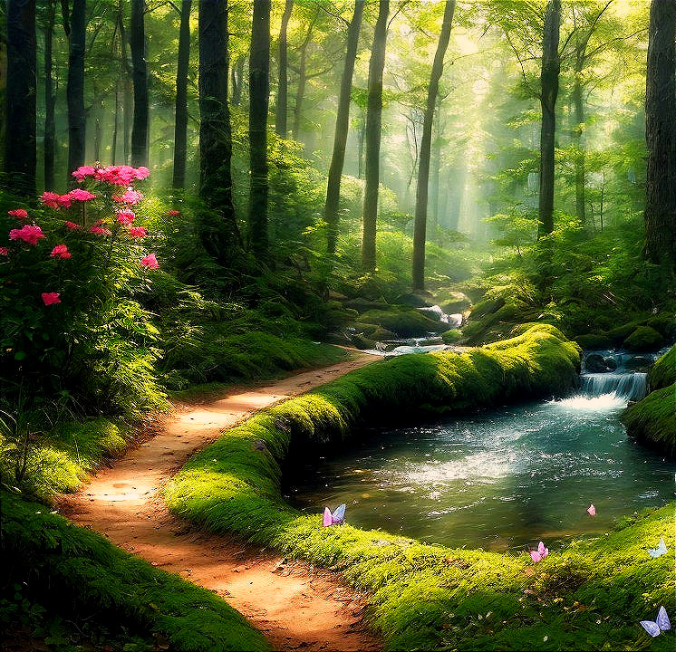 Tranquil Forest Scene with Sunlight and Stream